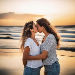 A romantic scene featuring a lesbian couple sharing a tender kiss