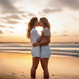 A romantic scene featuring a lesbian couple sharing a tender kiss