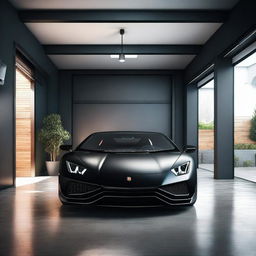 A realistic, high-resolution image of a single black Lamborghini sports car parked in a small, well-lit garage