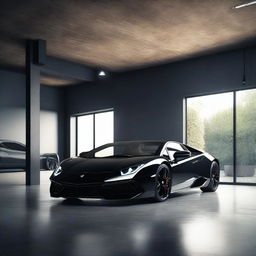 A realistic, high-resolution image of a single black Lamborghini sports car parked in a small, well-lit garage