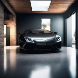 A realistic, high-resolution image of a single black Lamborghini sports car parked in a small, well-lit garage