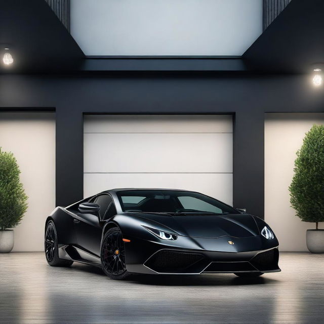 A realistic, high-resolution image of a single black Lamborghini sports car parked in a small, well-lit garage