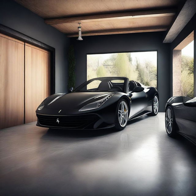 A realistic, high-resolution image of a single black Ferrari sports car parked in a small, cozy garage