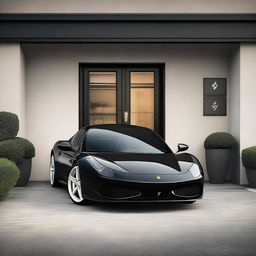 A realistic, high-resolution image of a single black Ferrari sports car parked in a small, cozy garage