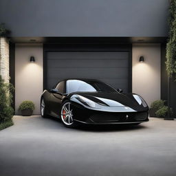 A realistic, high-resolution image of a single black Ferrari sports car parked in a small, cozy garage