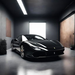 A realistic, high-resolution image of a single black Ferrari sports car parked in a small, cozy garage