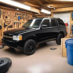 A black SUV parked inside a small garage