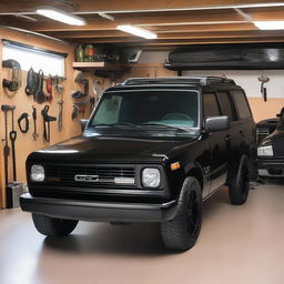 A black SUV parked inside a small garage