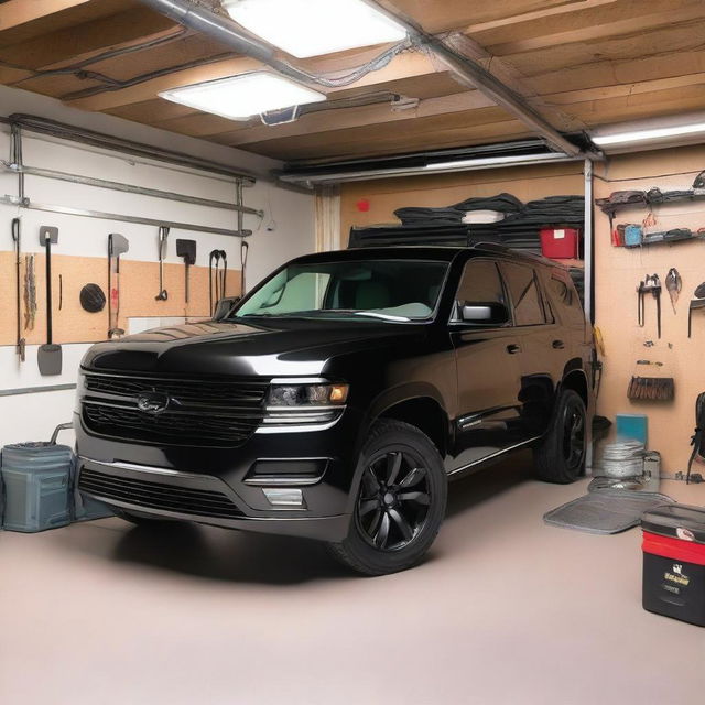 A black SUV parked inside a small garage