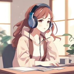 Create an image of a beautiful and cute anime girl in LOFI style, sitting at a desk with headphones on