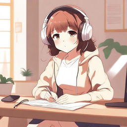 Create an image of a beautiful and cute anime girl in LOFI style, sitting at a desk with headphones on