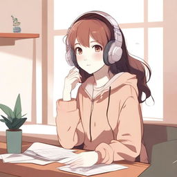 Create an image of a beautiful and cute anime girl in LOFI style, sitting at a desk with headphones on