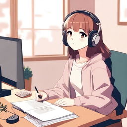 Create an image of a beautiful and cute anime girl in LOFI style, sitting at a desk with headphones on