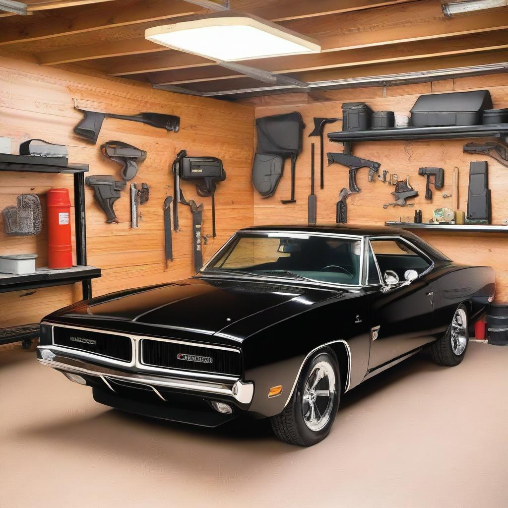 A black Dodge Charger parked inside a small garage