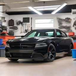 A black Dodge Charger parked inside a small garage