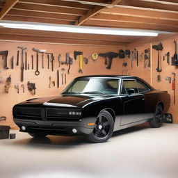 A black Dodge Charger parked inside a small garage