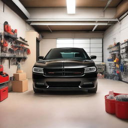 A black Dodge Charger parked inside a small garage