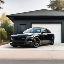 A black Dodge Charger parked next to a small garage