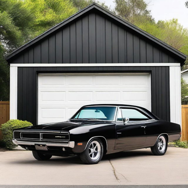 A black Dodge Charger parked next to a small garage