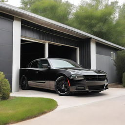 A black Dodge Charger parked next to a small garage