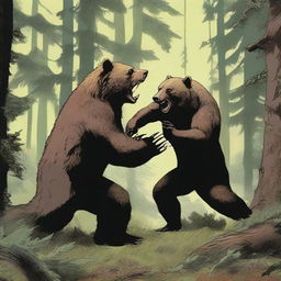 A dramatic scene of a bear attacking a man in a forest