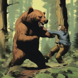 A dramatic scene of a bear attacking a man in a forest