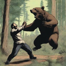 A dramatic scene of a bear attacking a man in a forest