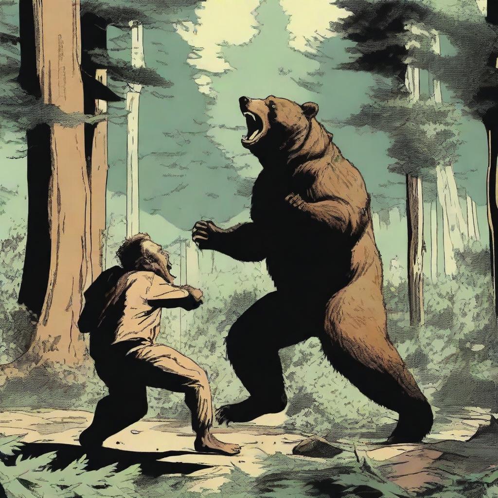 A dramatic scene of a bear attacking a man in a forest