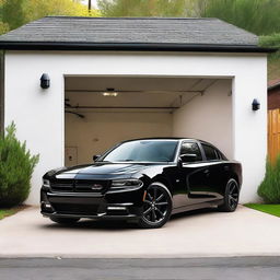 A black Dodge Charger parked next to a small garage