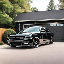 A black Dodge Charger parked next to a small garage