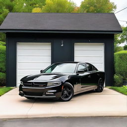 A black Dodge Charger parked next to a small garage