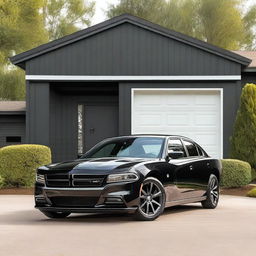 A black Dodge Charger parked next to a small garage