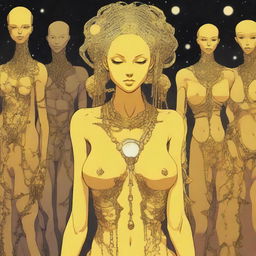 A tall, slender yellow woman with moon rock chains covering her breasts and a cloth wrapped around her waist