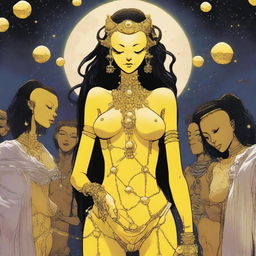 A tall, slender yellow woman with moon rock chains covering her breasts and a cloth wrapped around her waist