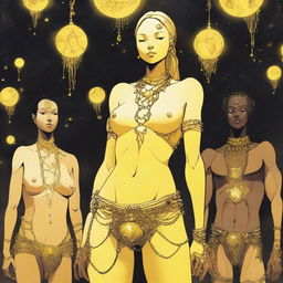 A tall, slender yellow woman with moon rock chains covering her breasts and a cloth wrapped around her waist