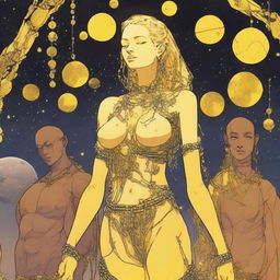 A tall, slender yellow woman with moon rock chains covering her breasts and a cloth wrapped around her waist