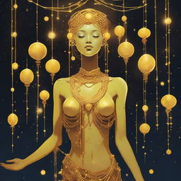 A tall, slender yellow woman with moon rock chains covering her breasts and a cloth wrapped around her waist