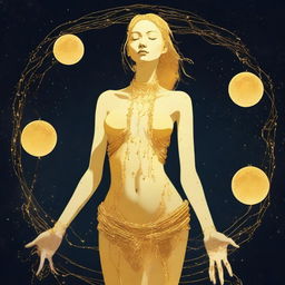 A tall, slender yellow woman with moon rock chains covering her breasts and a cloth wrapped around her waist