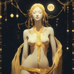 A tall, slender yellow woman with moon rock chains covering her breasts and a cloth wrapped around her waist