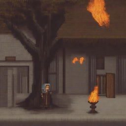 A pixel art depiction of a peasant standing and looking at a burning tree