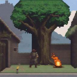 A pixel art depiction of a peasant standing and looking at a burning tree