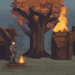 A pixel art depiction of a peasant standing and looking at a burning tree