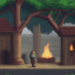 A pixel art depiction of a peasant standing and looking at a burning tree