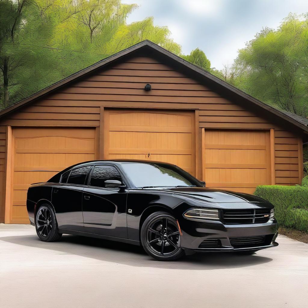 A black Dodge Charger parked next to a small garage