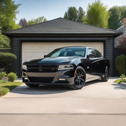 A black Dodge Charger parked next to a small garage