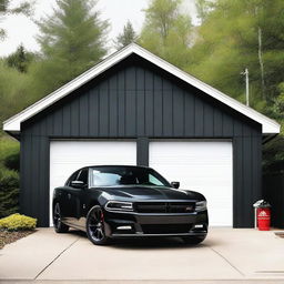 A black Dodge Charger parked next to a small garage