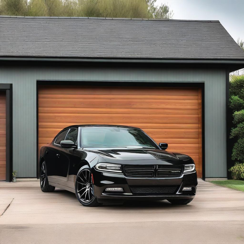 A black Dodge Charger parked next to a small garage