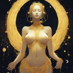 A tall, slender yellow woman with moon rock chains covering her breasts and nipples, and a cloth wrapped around her waist