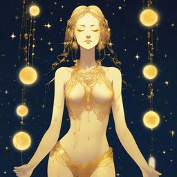 A tall, slender yellow woman with moon rock chains covering her breasts and nipples, and a cloth wrapped around her waist