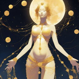 A tall, slender yellow woman with moon rock chains covering her breasts and nipples, and a cloth wrapped around her waist